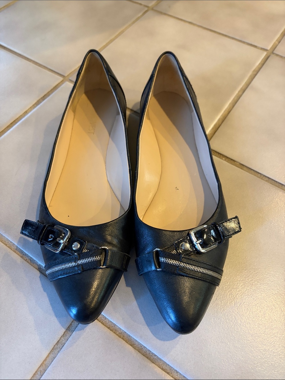 Black Pointed Toe Women's Flats with Buckle and Zip Detail